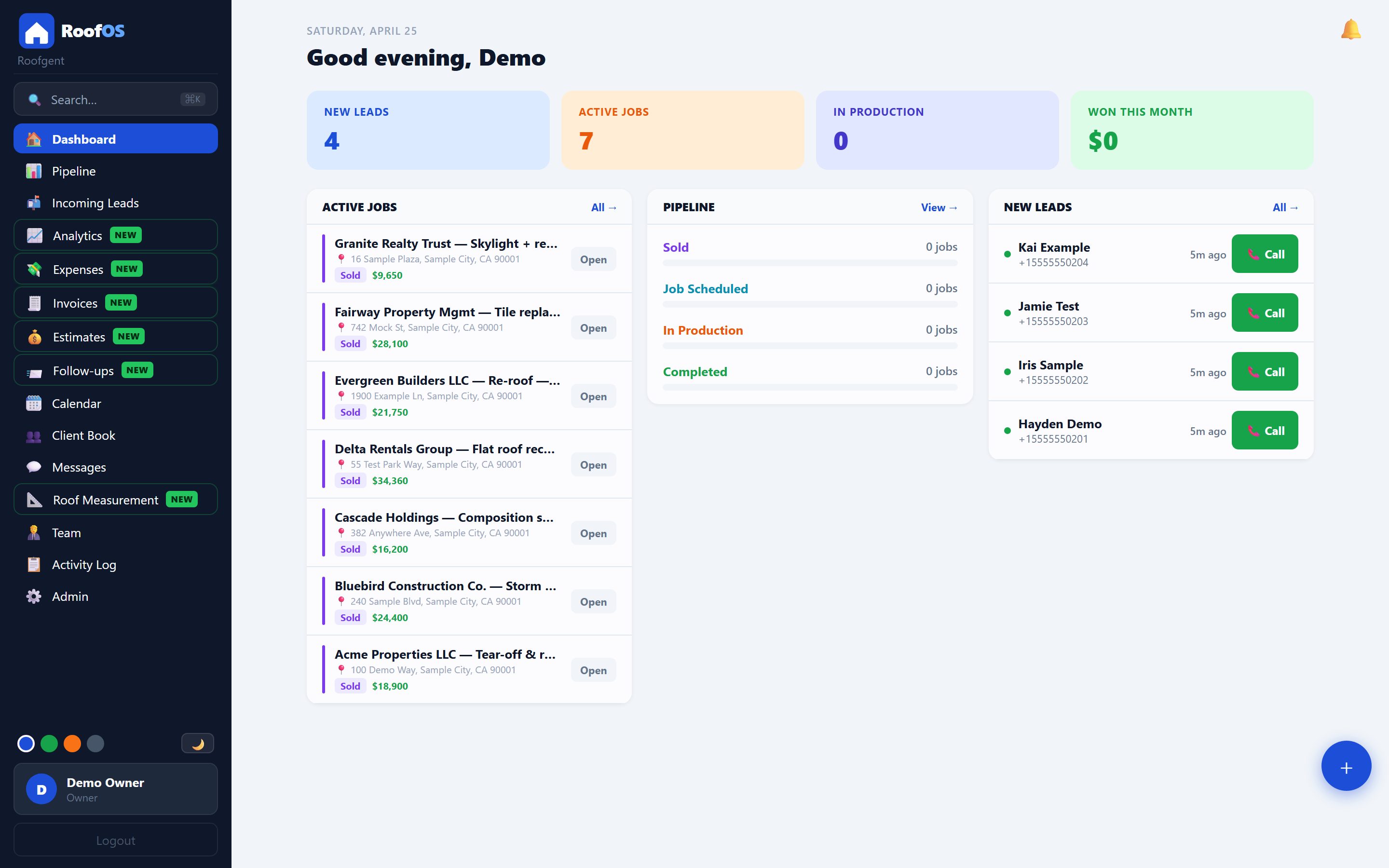Roofgent dashboard — active jobs, pipeline, and new leads at a glance