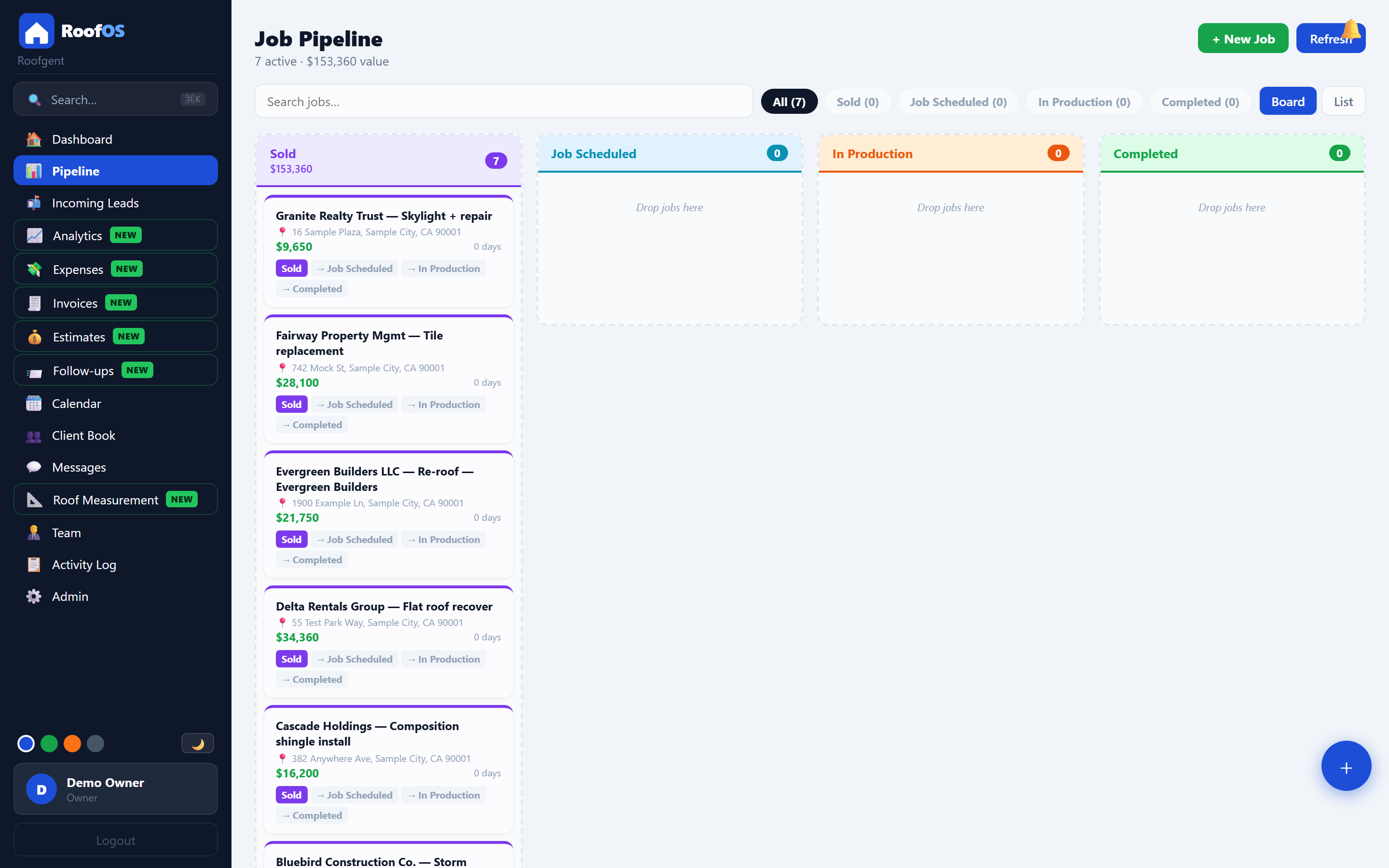 Kanban-style job pipeline from Sold to Completed