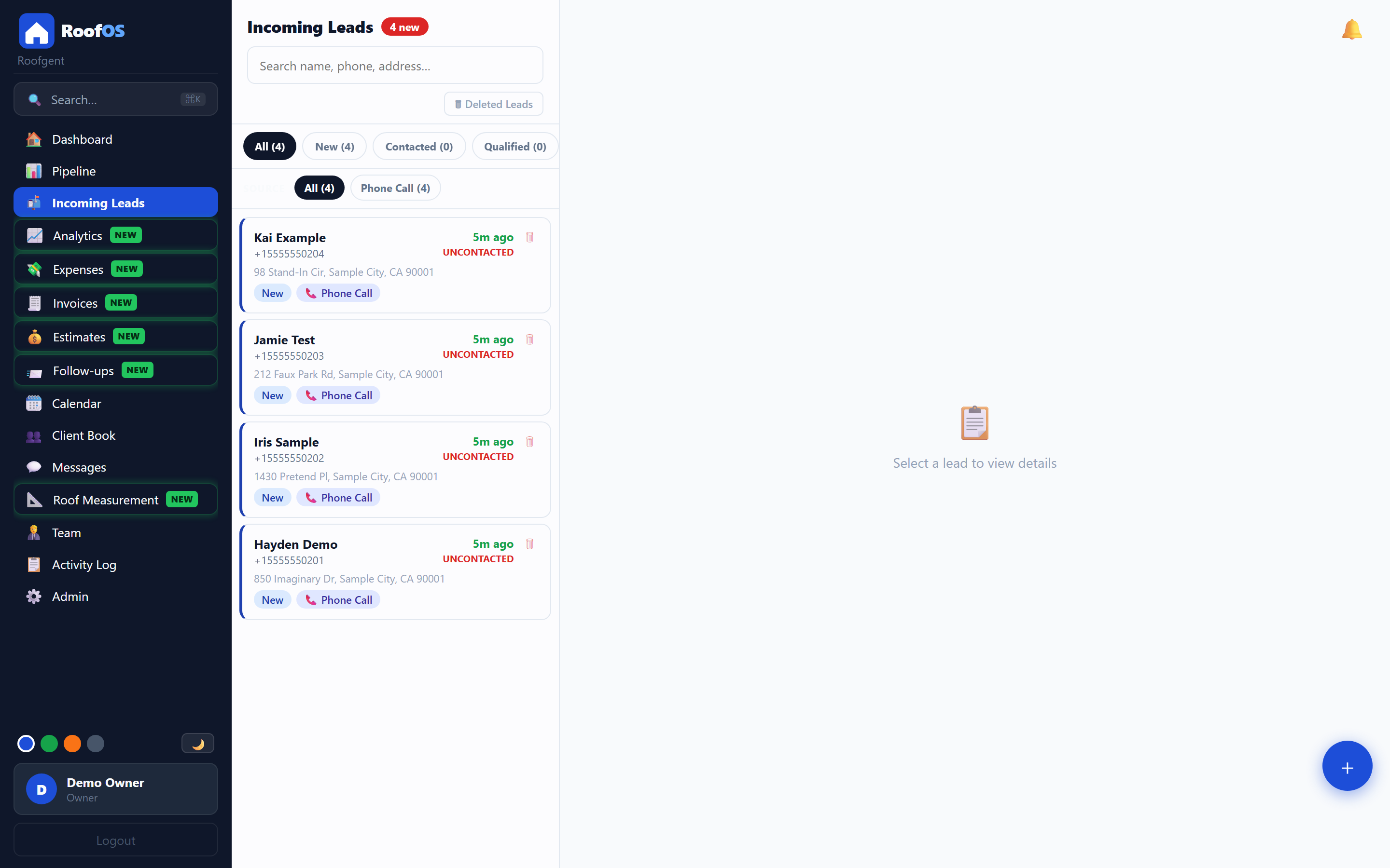 Incoming lead inbox with caller details, source, and quick actions