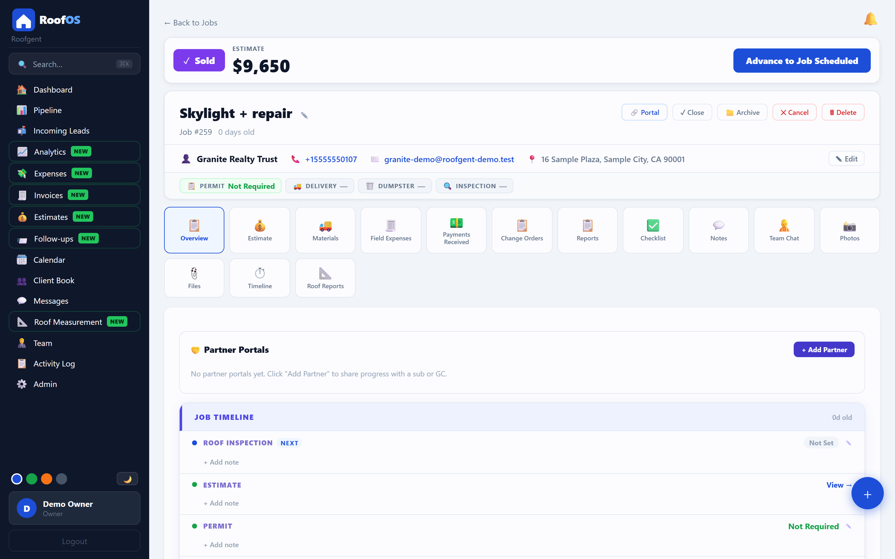 Single-job detail view with stage, materials, notes, and timeline